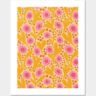 Wild colorful boho floral pattern in mustard yellow and pink Posters and Art